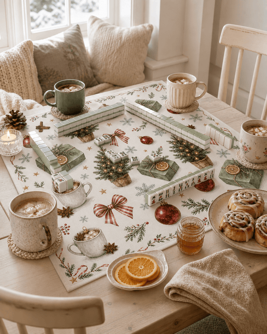 Cream holiday mahjong mat arranged for a game in a bright dining nook with warm drinks, cookies, and dried orange slices.
