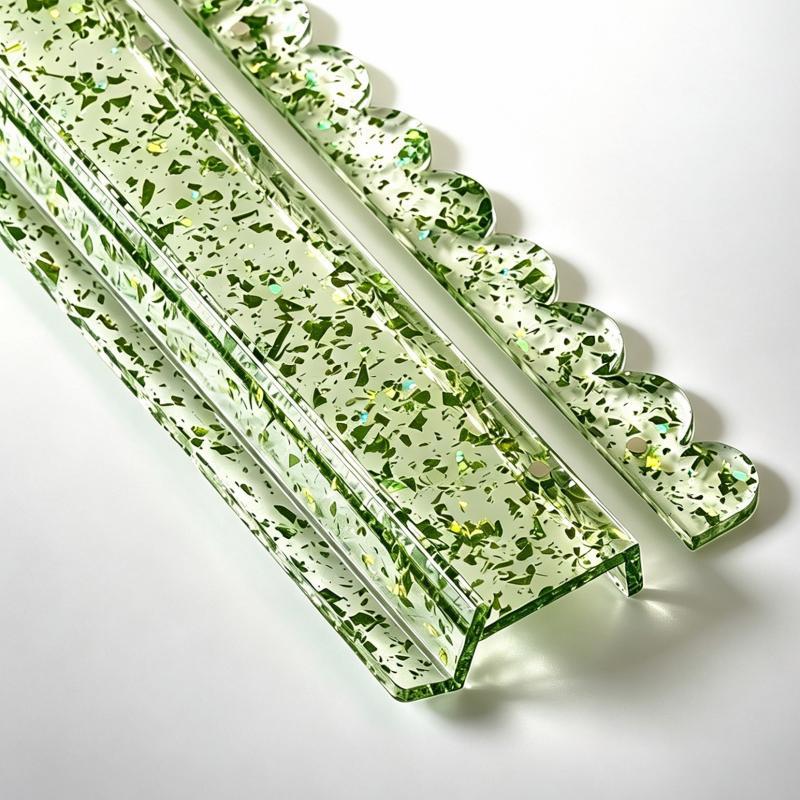 Close-up of a translucent green gold foil acrylic mahjong rack showing its scalloped edge and tile channel.