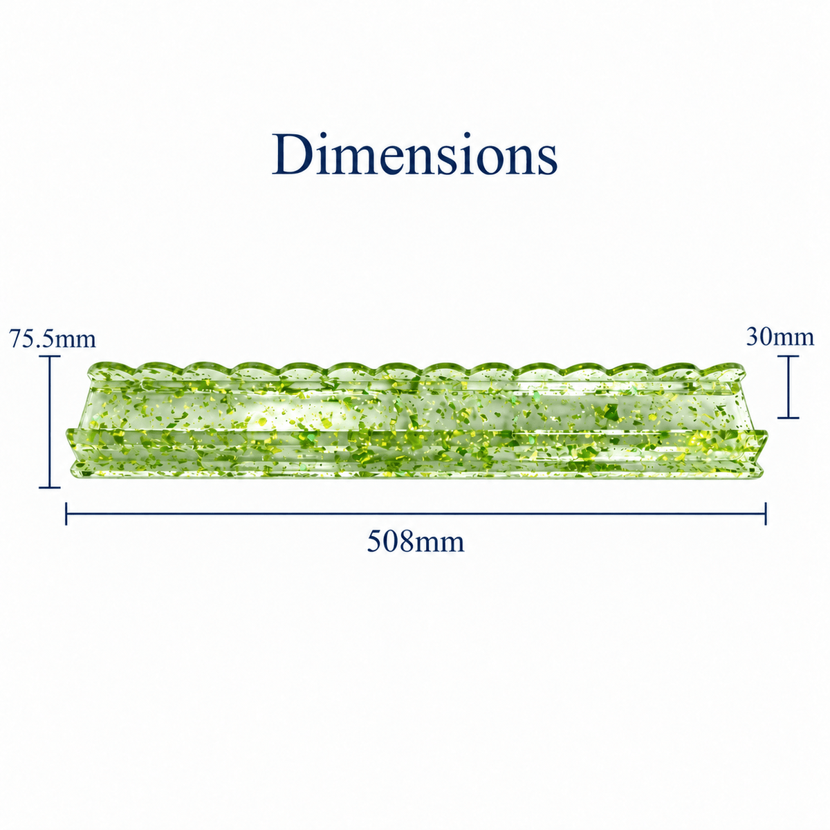 Green gold foil acrylic mahjong rack with measurements: 508 mm long, 75.5 mm wide, and 30 mm high.