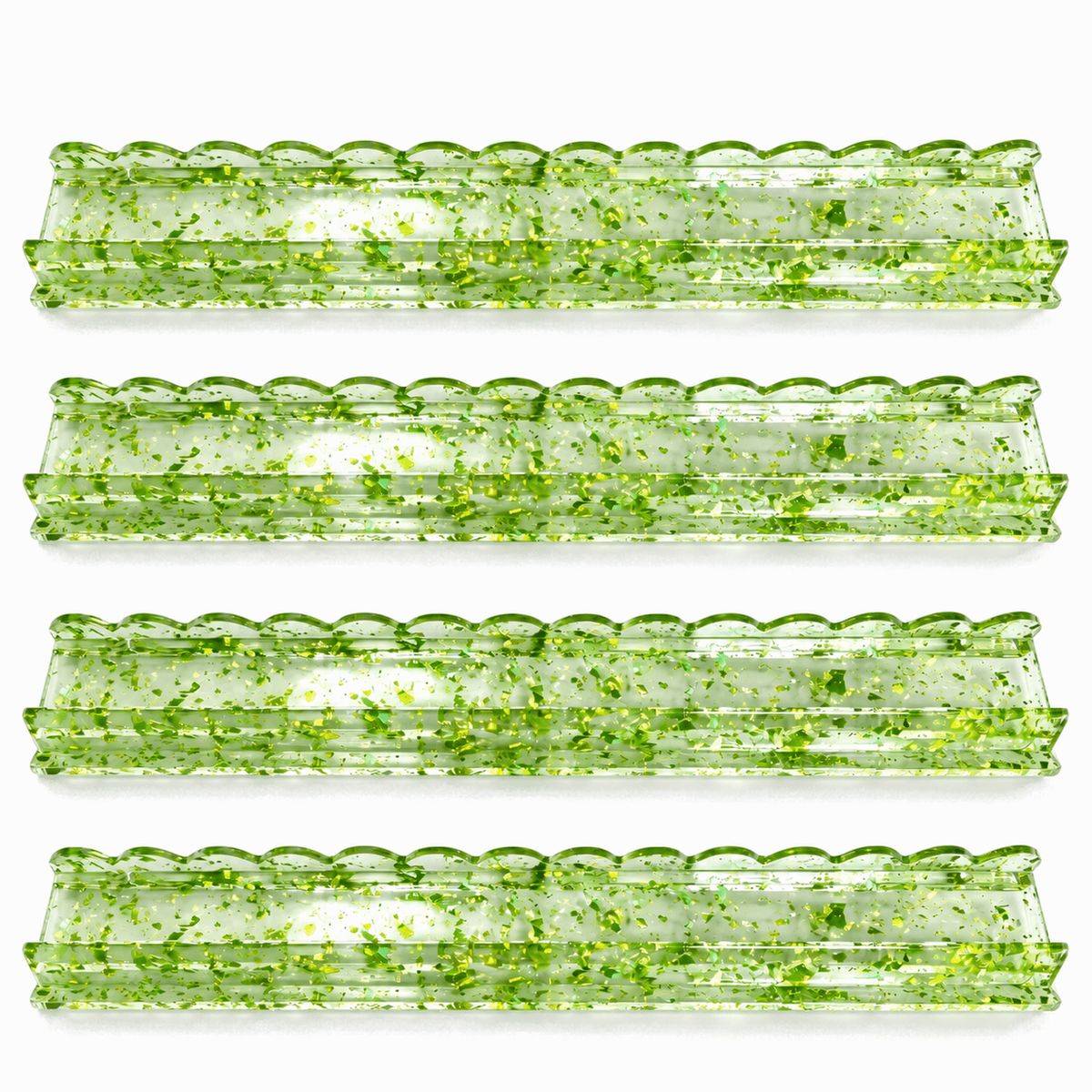 Four translucent green gold foil acrylic mahjong racks arranged in rows on a light background.