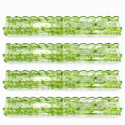 Four translucent green gold foil acrylic mahjong racks arranged in rows on a light background.