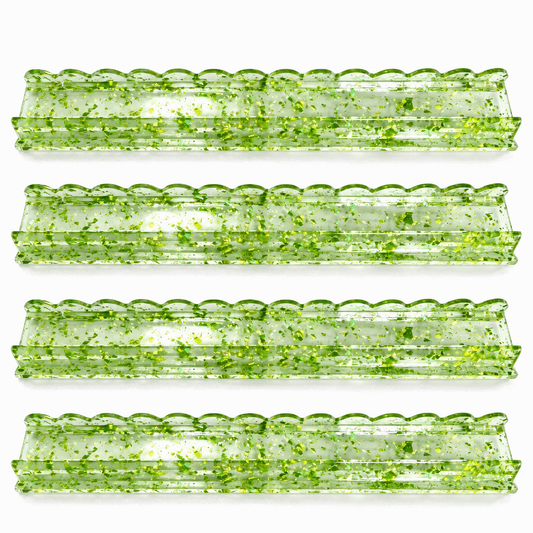 Four translucent green gold foil acrylic mahjong racks arranged in rows on a light background.