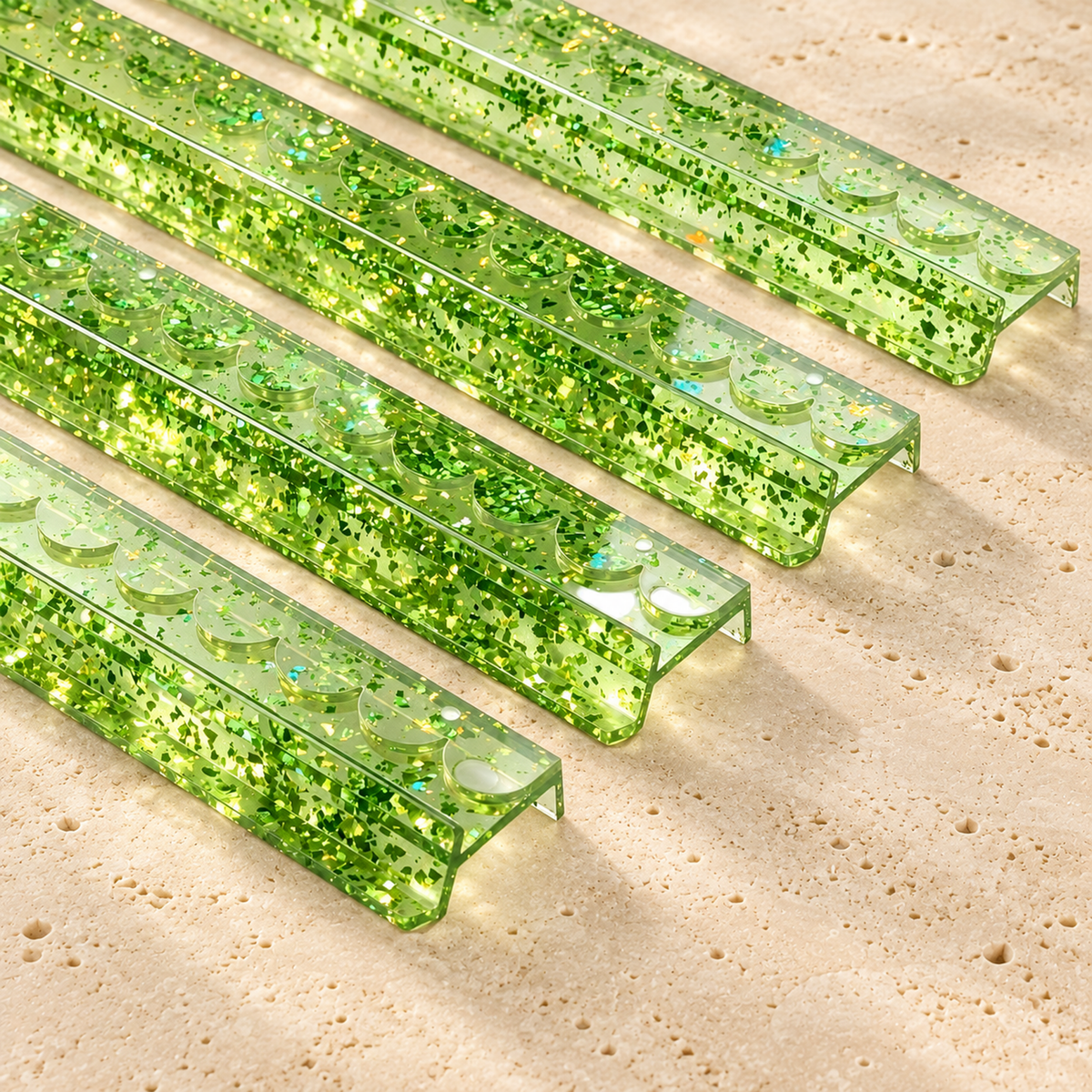 Close view of four green gold foil acrylic mahjong racks laid diagonally on a stone surface.