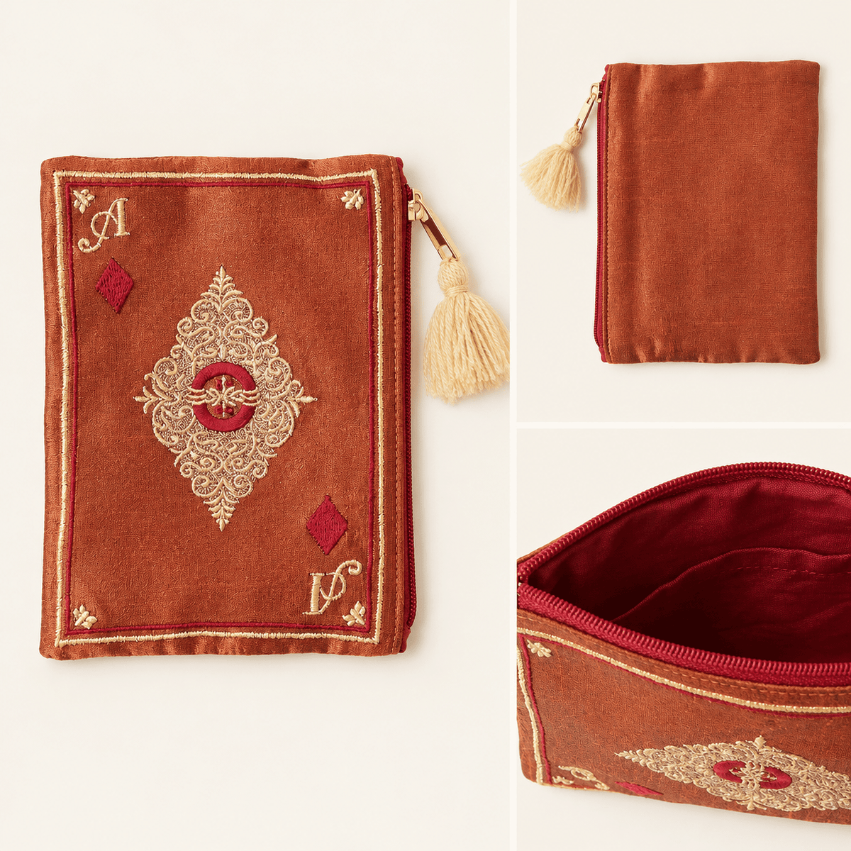 Terracotta handmade embroidered diamond playing card pouch showing front, back, and burgundy interior