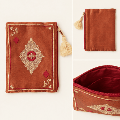 Terracotta handmade embroidered diamond playing card pouch showing front, back, and burgundy interior