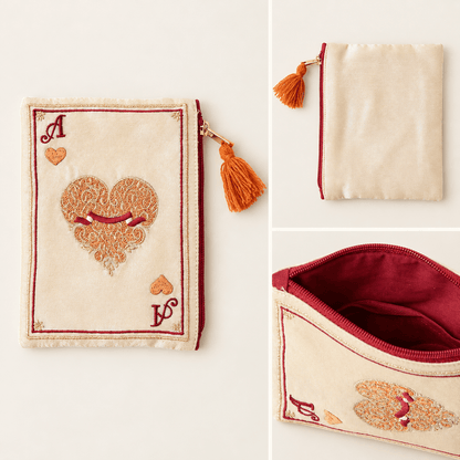 Cream handmade embroidered heart playing card pouch showing front, back, and burgundy interior
