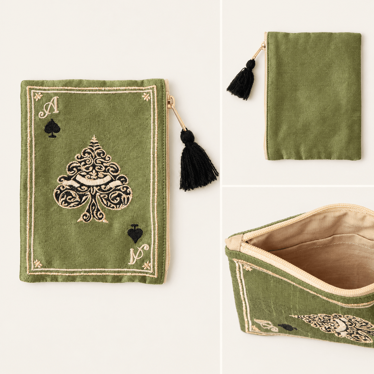 Olive green handmade embroidered spade playing card pouch showing front, back, and beige interior