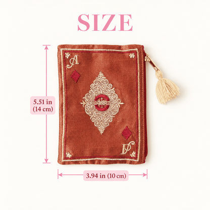 Terracotta embroidered playing card pouch size guide showing 3.94 in wide by 5.51 in high (10 × 14 cm)