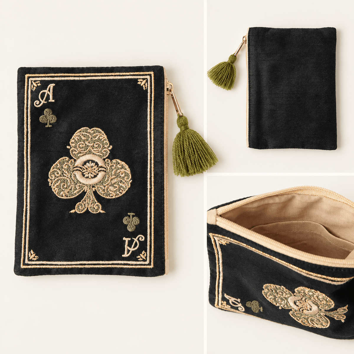Black handmade embroidered club playing card pouch showing front, back, and beige interior