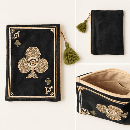 Black handmade embroidered club playing card pouch showing front, back, and beige interior