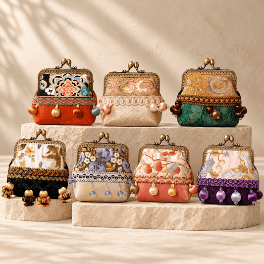 Seven vintage embroidered kiss-lock coin purses in different colors displayed on stone stands.