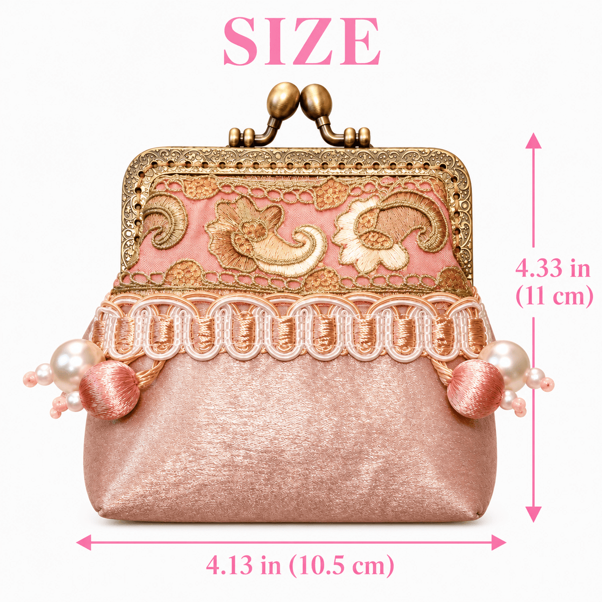 Pink and gold coin purse size guide showing 4.13 in (10.5 cm) width and 4.33 in (11 cm) height.