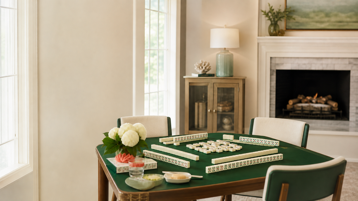 Mahjong table with ivory tiles, a green playing surface, and fresh flowers in a sunlit living room.