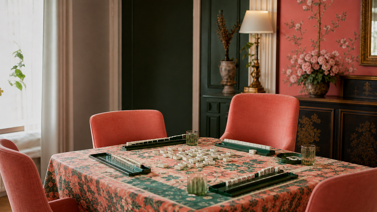 Mahjong tiles and dark green racks on a floral tablecloth, surrounded by coral upholstered chairs.