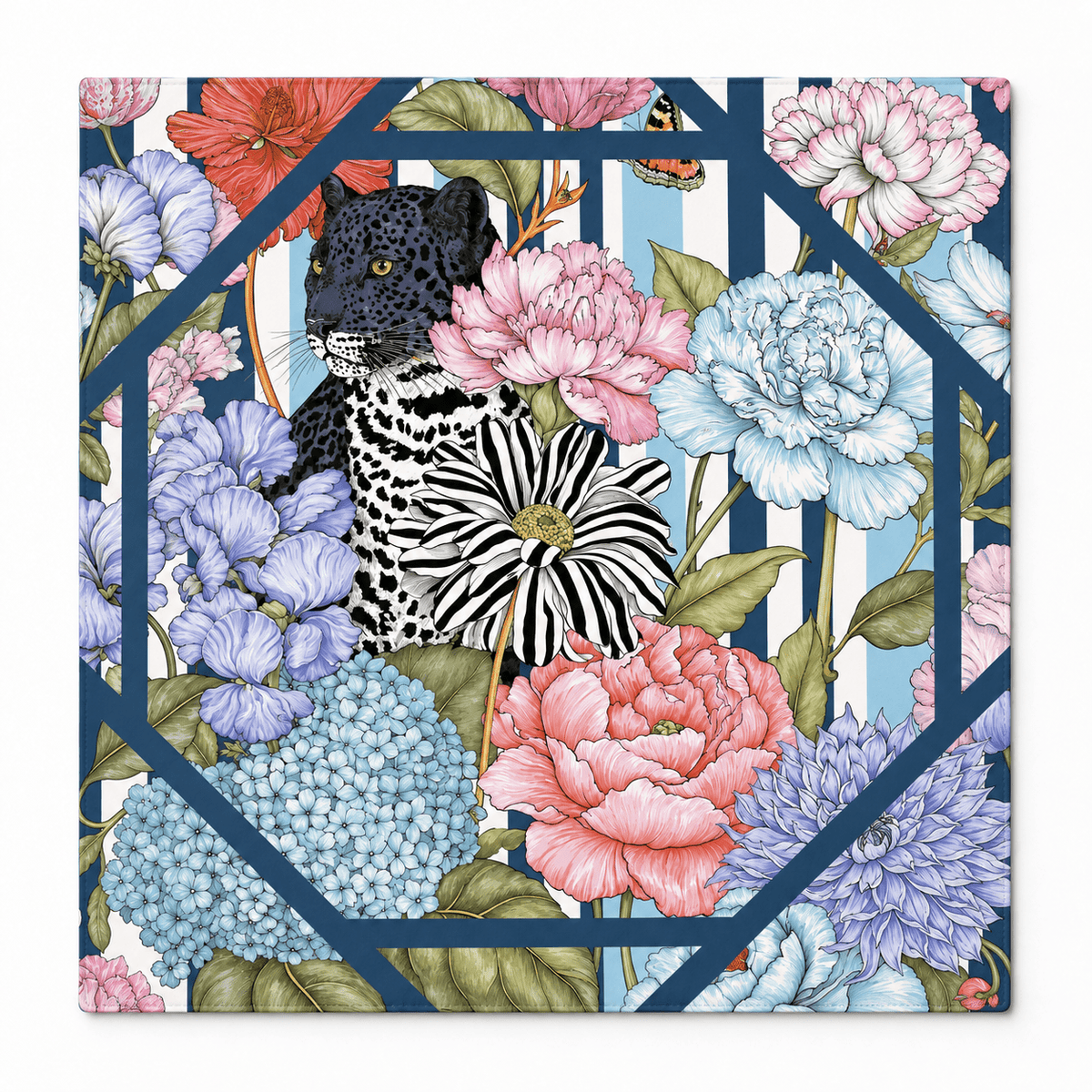 Square mahjong mat featuring a black leopard surrounded by pink, blue, and purple flowers, with blue and white stripes and a navy geometric frame, displayed against white.