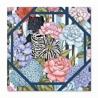 Square mahjong mat featuring a black leopard surrounded by pink, blue, and purple flowers, with blue and white stripes and a navy geometric frame, displayed against white.