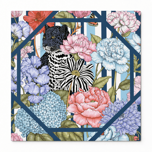 Square mahjong mat featuring a black leopard surrounded by pink, blue, and purple flowers, with blue and white stripes and a navy geometric frame, displayed against white.