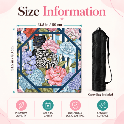 Black leopard floral mahjong mat size infographic showing 31.5 in / 80 cm dimensions, an included black carry bag, and four feature icons.
