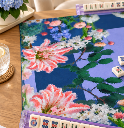 Close-up of pink lily flowers and mahjong tiles on the Lily Garden Mahjong Mat.