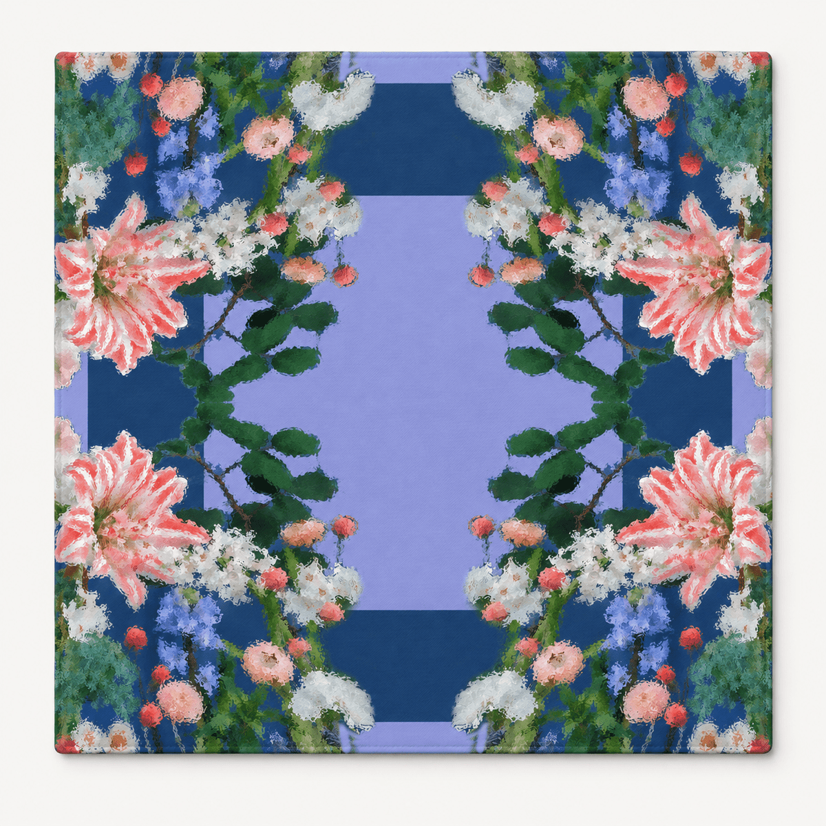 Square Lily Garden Mahjong Mat with pink lilies, lush greenery, and a blue center, displayed against white.