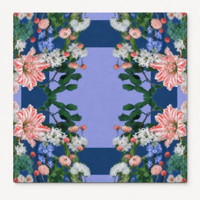 Square Lily Garden Mahjong Mat with pink lilies, lush greenery, and a blue center, displayed against white.