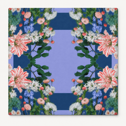Square Lily Garden Mahjong Mat with pink lilies, lush greenery, and a blue center, displayed against white.
