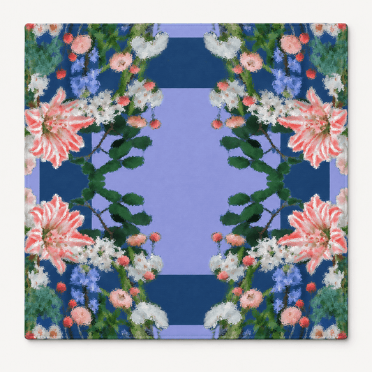 Square Lily Garden Mahjong Mat with pink lilies, lush greenery, and a blue center, displayed against white.