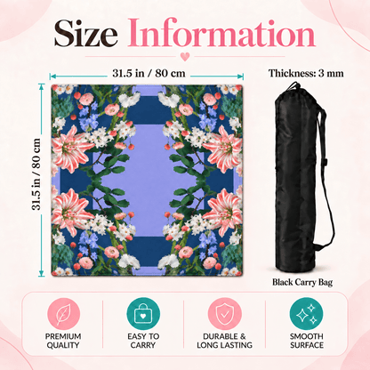 Lily Garden Mahjong Mat size infographic showing a 31.5 in / 80 cm square mat and 3 mm thickness.