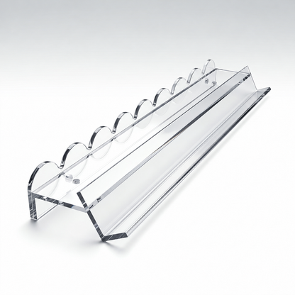 Clear mahjong rack holding tiles with its pusher detached and red arrows indicating the attachment points.