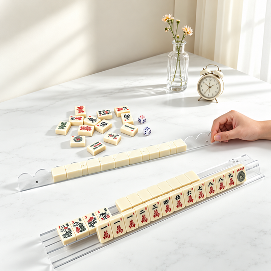 Clear mahjong rack holding tiles on a sunlit table, with a hand using the separate scalloped pusher.