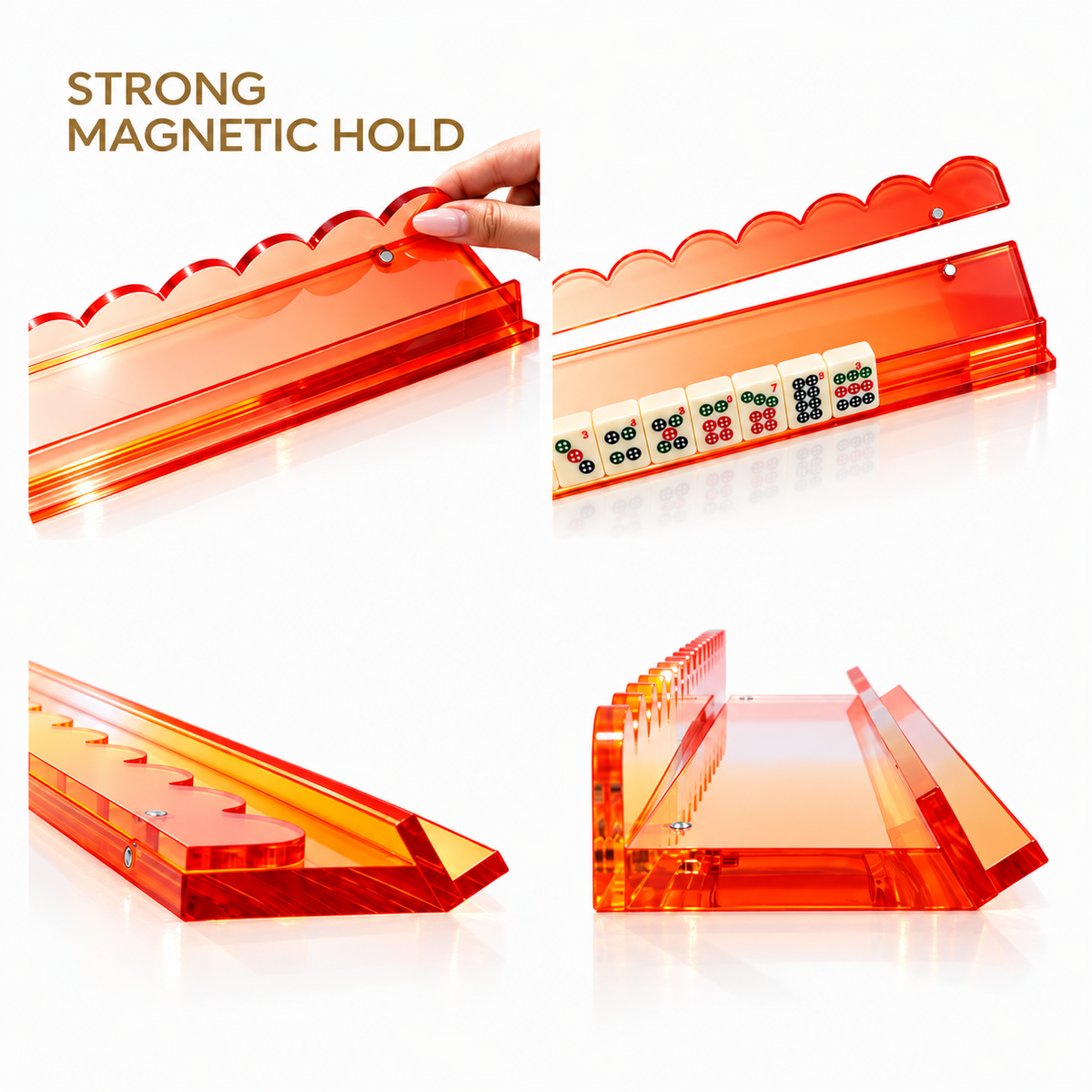 Four-panel view of the MahjCove blue orange red gradient mahjong rack
