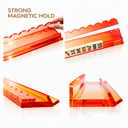 Four-panel view of the MahjCove blue orange red gradient mahjong rack