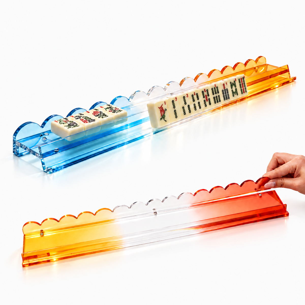 MahjCove blue orange red gradient acrylic mahjong rack on a white background