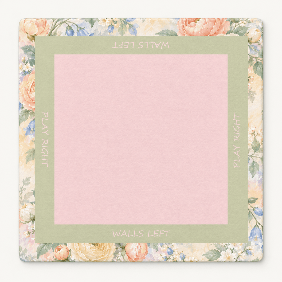 Square Pastel Bloom Mahjong Mat with a blush pink center, sage green frame, and pastel floral border, displayed against white.