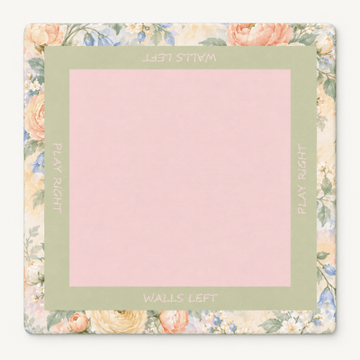 Square Pastel Bloom Mahjong Mat with a blush pink center, sage green frame, and pastel floral border, displayed against white.