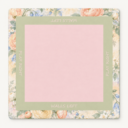Square Pastel Bloom Mahjong Mat with a blush pink center, sage green frame, and pastel floral border, displayed against white.