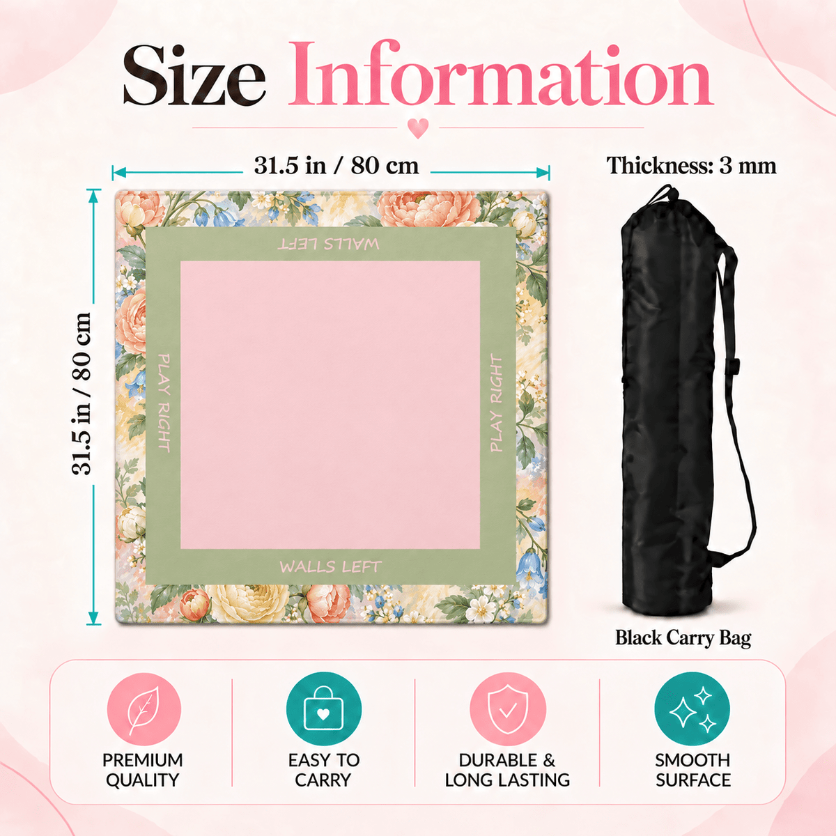 Pastel Bloom Mahjong Mat size infographic showing a 31.5 in / 80 cm square mat and 3 mm thickness.