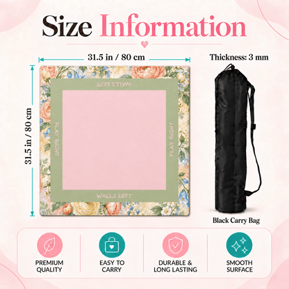 Pastel Bloom Mahjong Mat size infographic showing a 31.5 in / 80 cm square mat and 3 mm thickness.