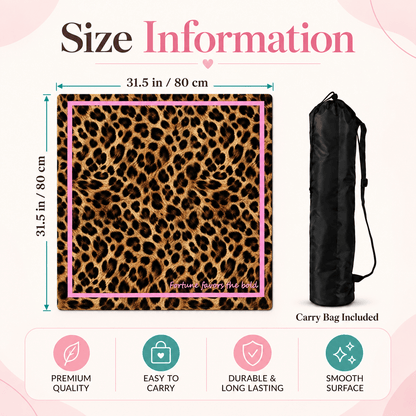 MahjCove pink border leopard-print mahjong mat size infographic showing 31.5 in / 80 cm dimensions, included black carry bag, and four feature icons.