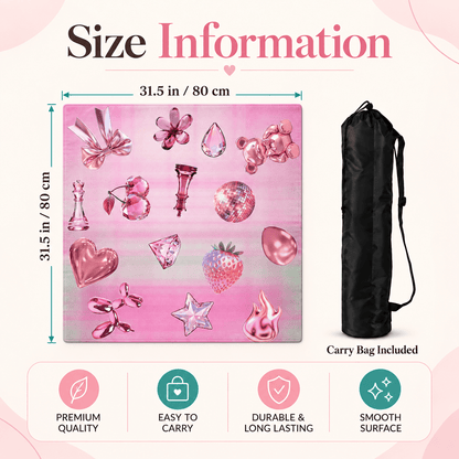 MahjCove pink Y2K mahjong mat size infographic showing 31.5 in / 80 cm dimensions, included black carry bag, and four feature icons.