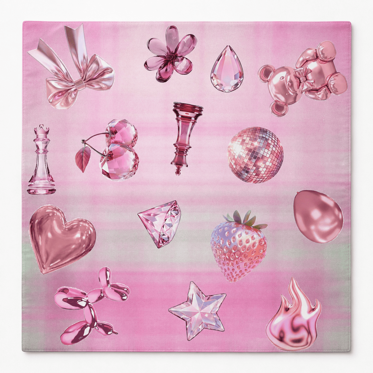 Square pink Y2K mahjong mat featuring glossy butterflies, gems, a teddy bear, disco ball, strawberry, star, and flame graphics.