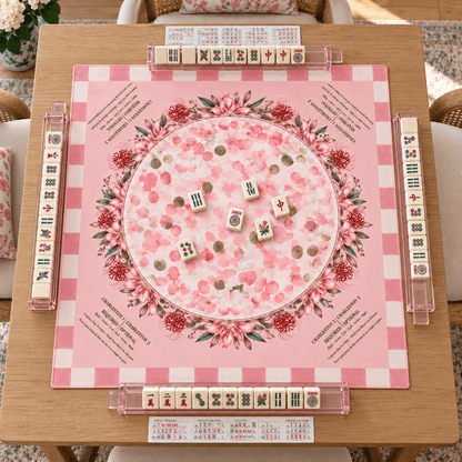 Overhead view of the Pink Floral Wreath Mahjong Mat with tiles and racks arranged on a wooden table.