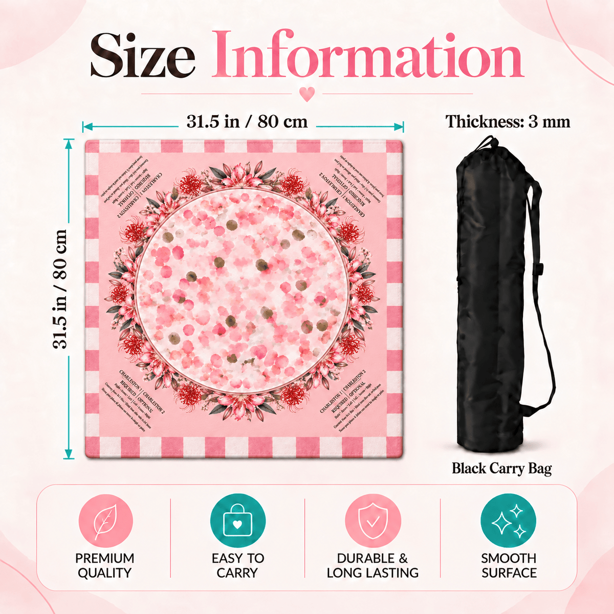 Pink Floral Wreath Mahjong Mat size infographic showing a 31.5 in / 80 cm square mat and 3 mm thickness.