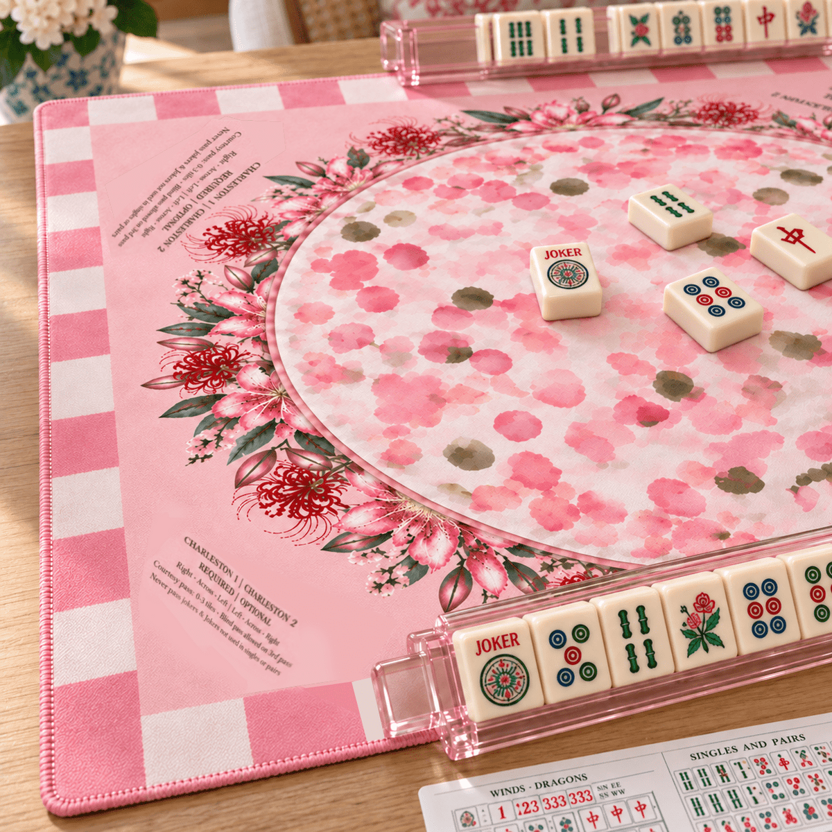 Angled view of the Pink Floral Wreath Mahjong Mat showing its circular flower design, pink checks, and mahjong tiles.