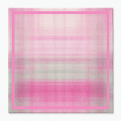 Square mahjong mat with a soft pink and pale green plaid pattern and bright pink border.