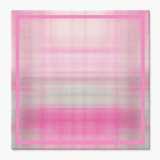 Square mahjong mat with a soft pink and pale green plaid pattern and bright pink border.