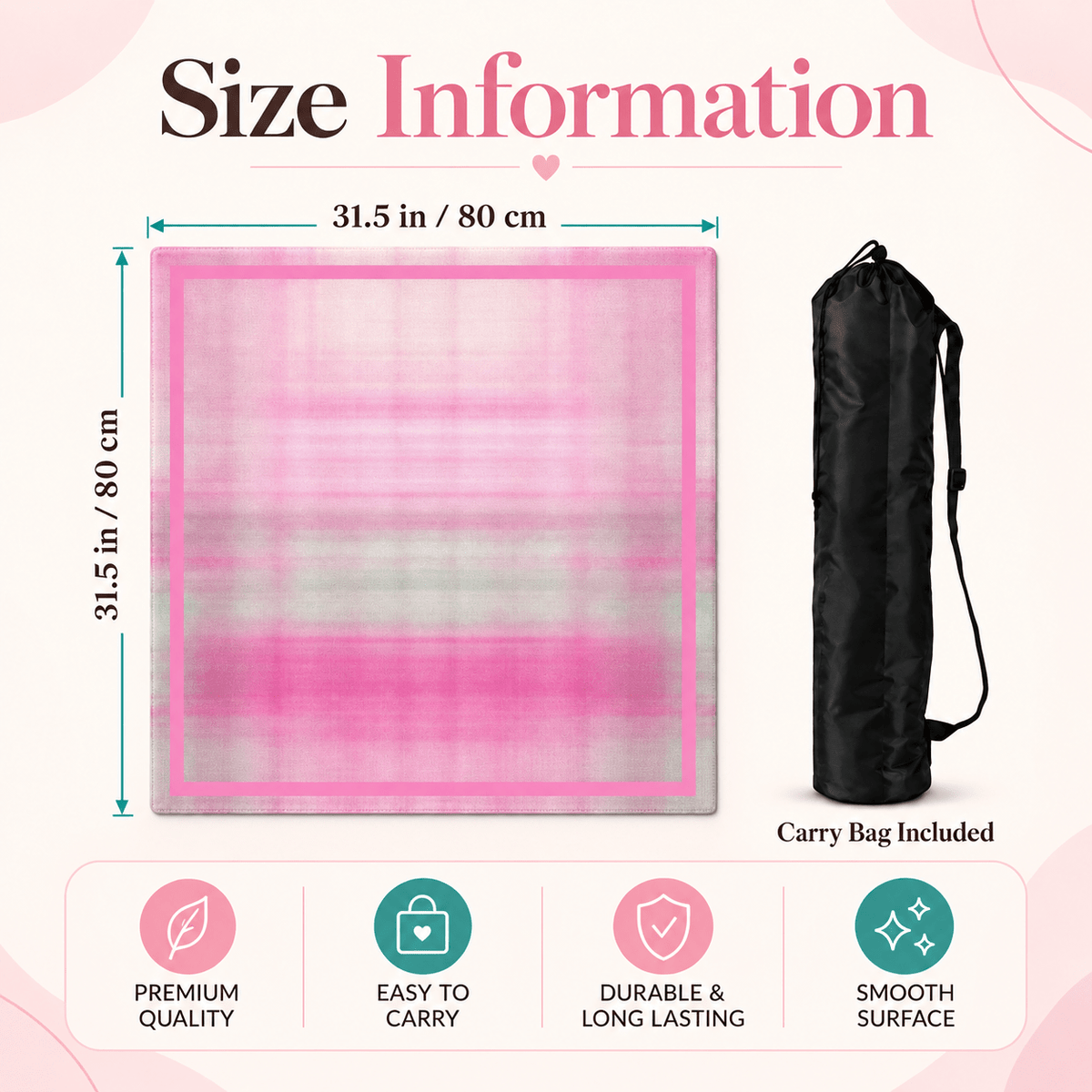 MahjCove pink grid mahjong mat size infographic showing 31.5 in / 80 cm dimensions, included black carry bag, and four feature icons.