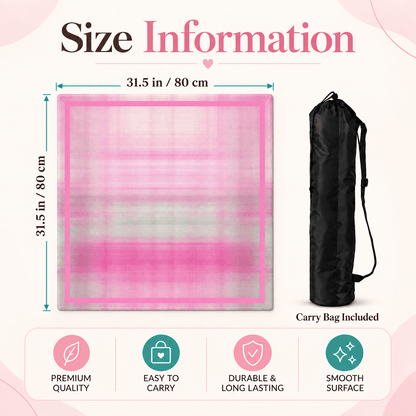 MahjCove pink grid mahjong mat size infographic showing 31.5 in / 80 cm dimensions, included black carry bag, and four feature icons.