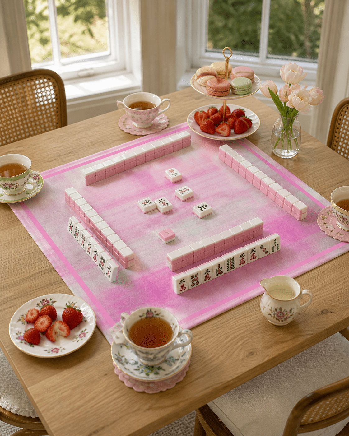 Pink plaid mahjong mat set for play on a light wood table with tea, strawberries, and flowers.