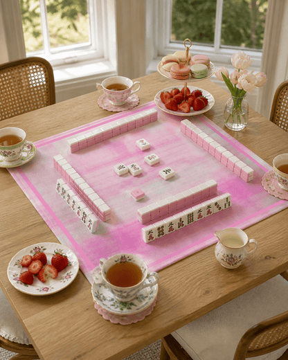Pink plaid mahjong mat set for play on a light wood table with tea, strawberries, and flowers.